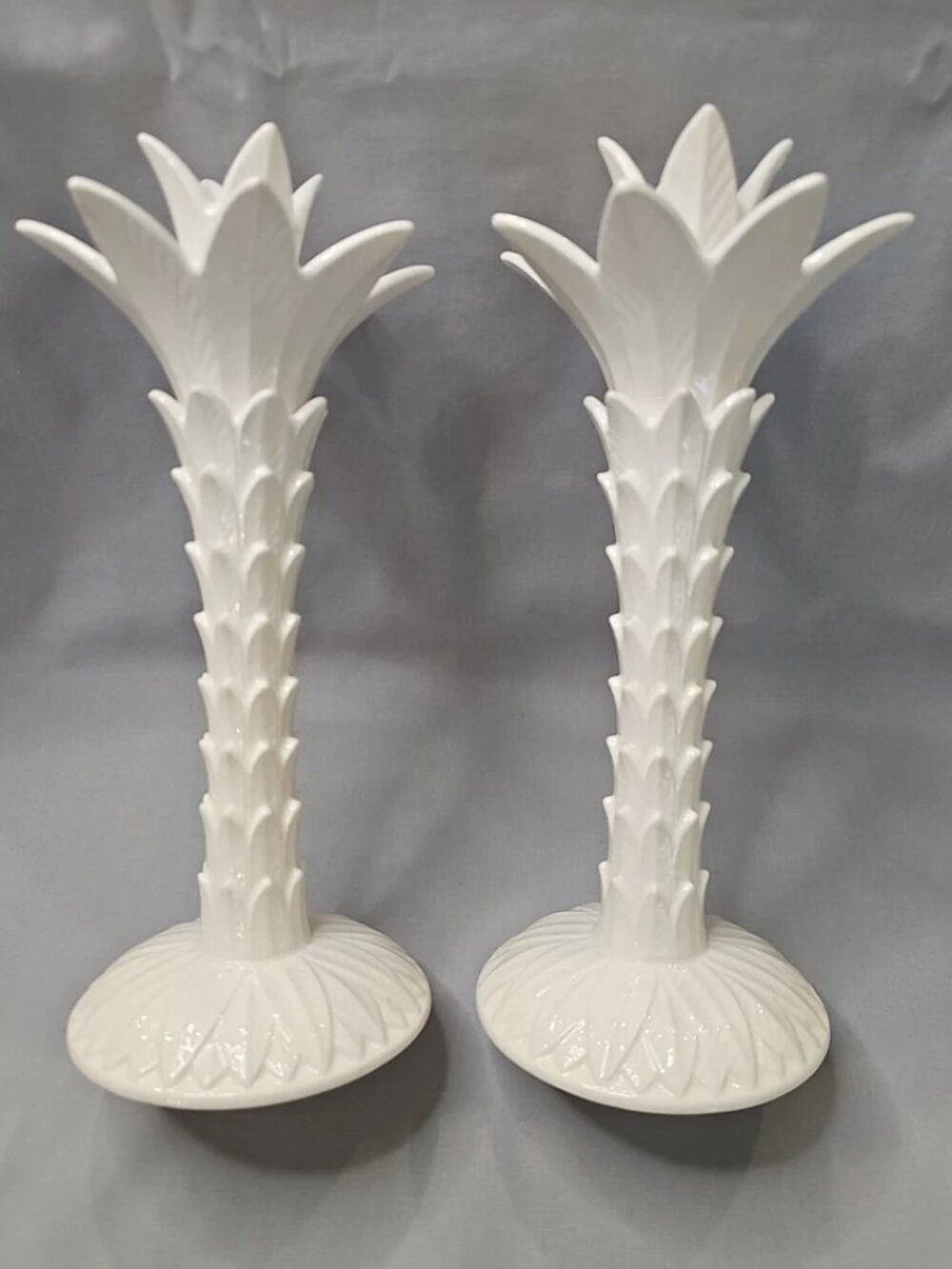 Two Fitz & Floyd White Porcelain Palm Tree Candlestick Holders Japan Mid-Century